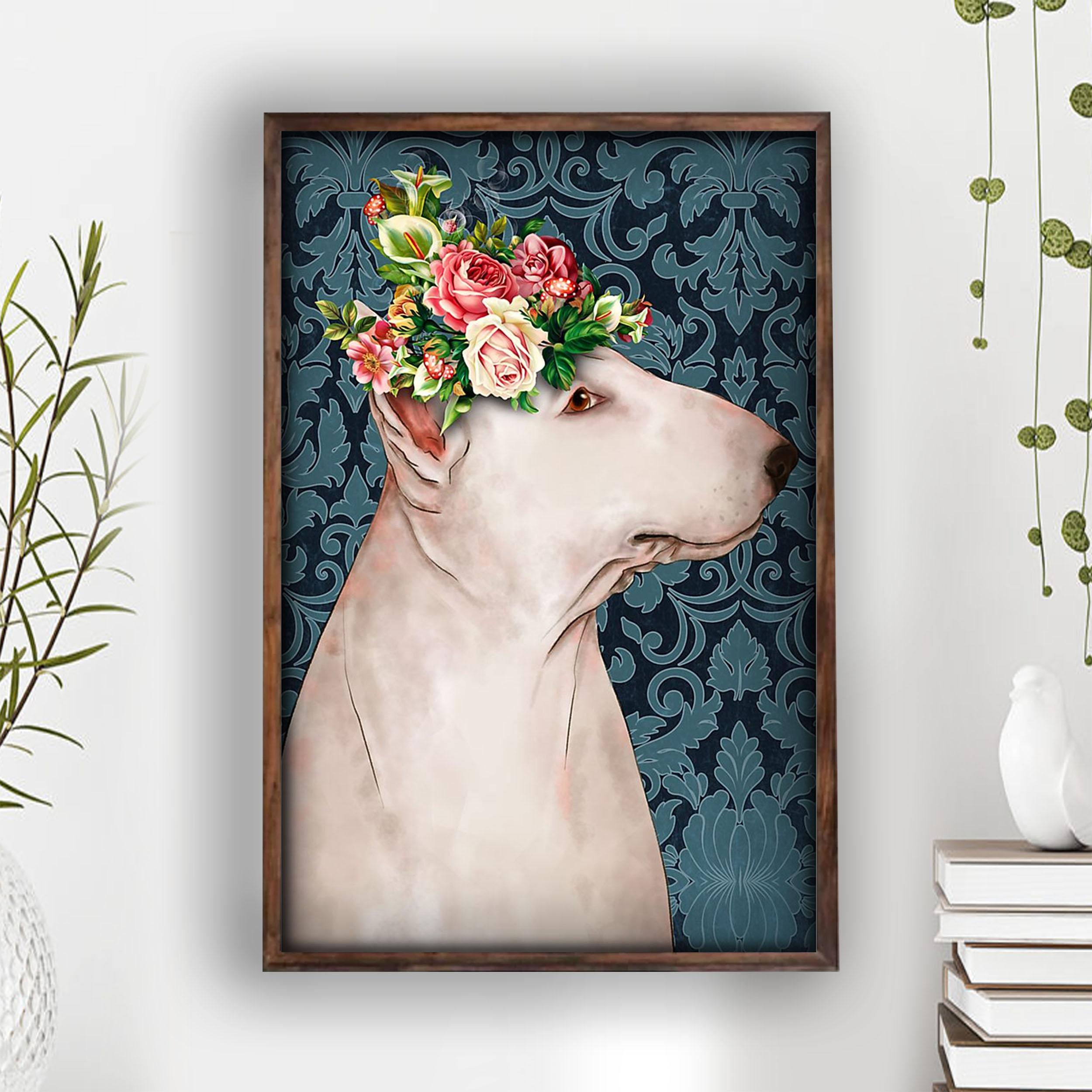 Bull Terrier Poster Bull Terrier Lovers Flower Crown And Dog Wall Art Home Decor Poster Print